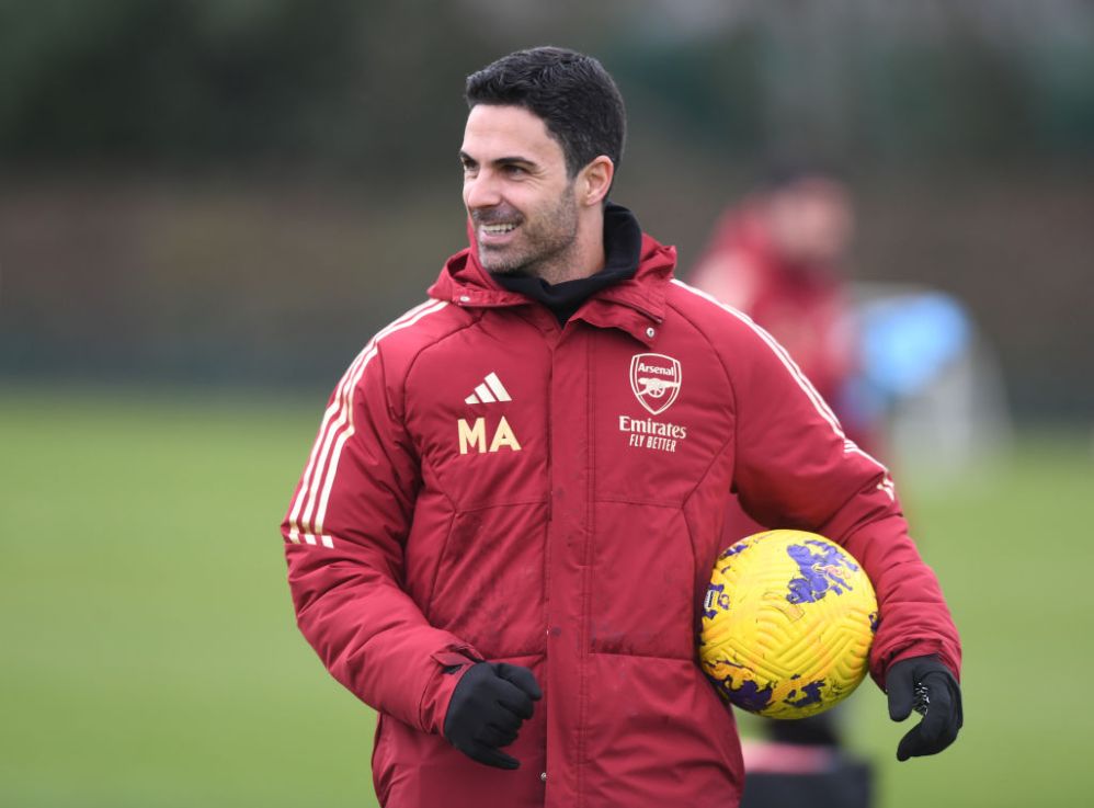 ST ALBANS, ENGLAND - JANUARY 25: Arsenal manager Mikel Arteta during a training session at London Colney on January 25, 2024 in St Albans, England. (Photo by Stuart MacFarlane/Arsenal FC via Getty Images)