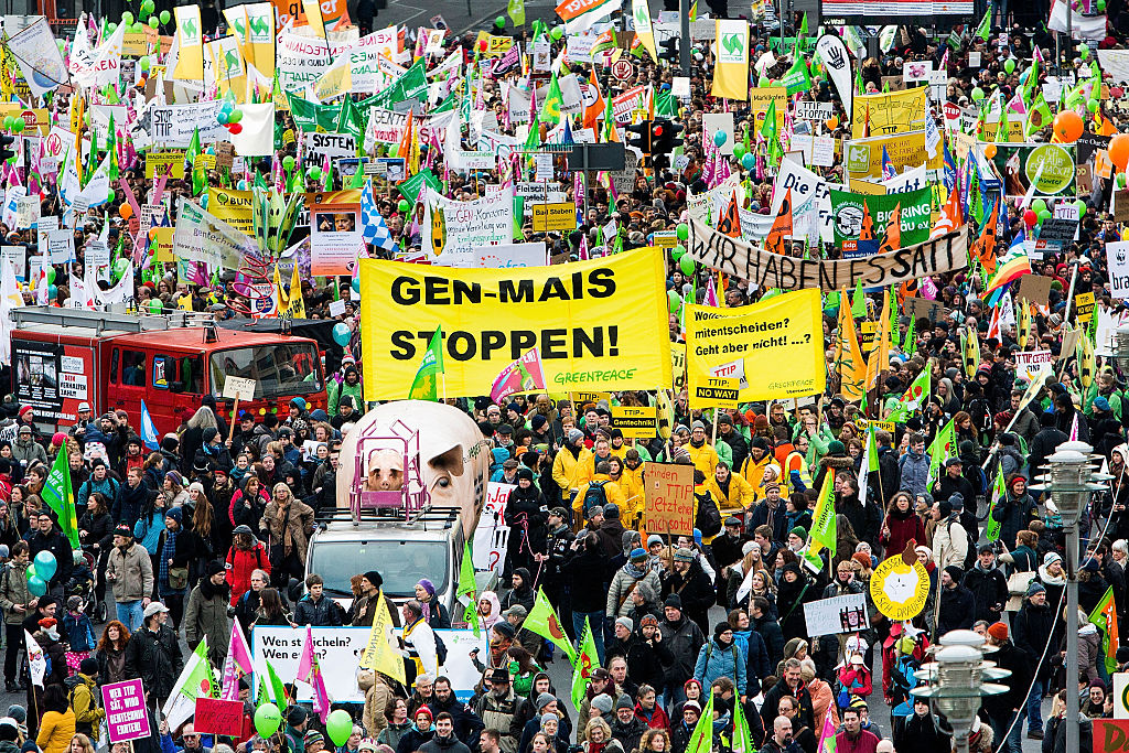 BERLIN, GERMANY - JANUARY 17:  Farmers from across Germany march to protest against industrialized agriculture, the TTIP trade agreement and genetically-modified agriculture. (Photo by Carsten Koall/Getty Images)