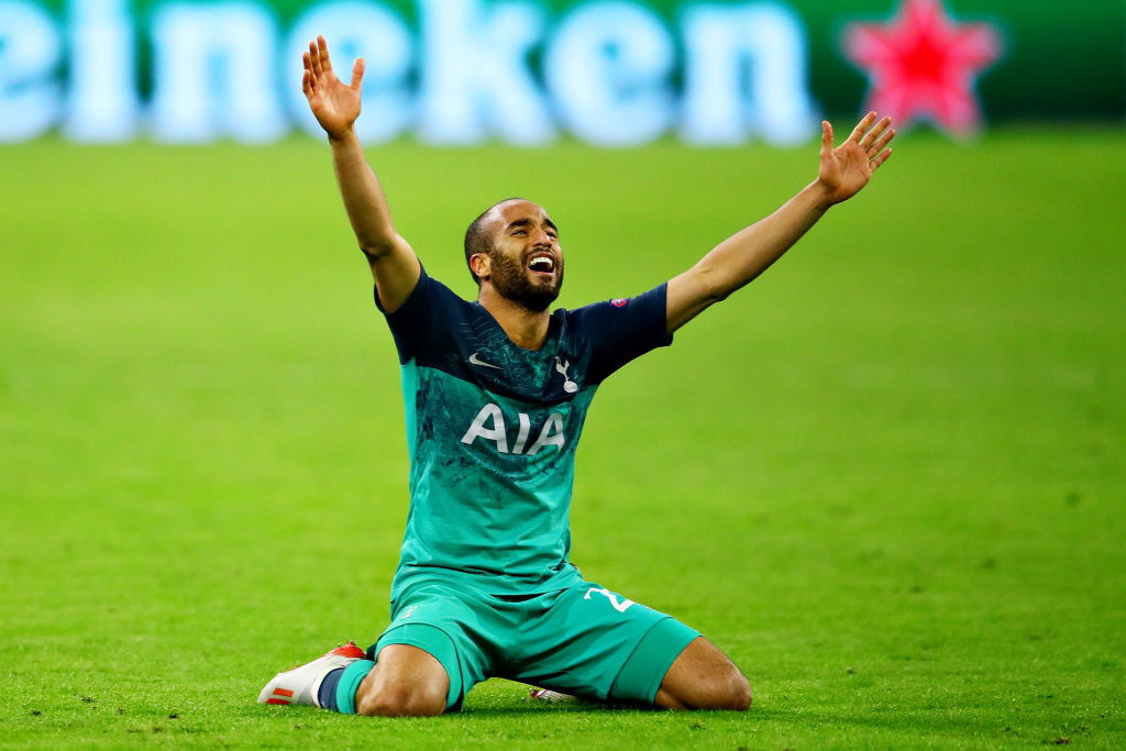 AMSTERDAM, NETHERLANDS - MAY 08: Lucas Moura of Tottenham Hotspur celebrates his sides win after the UEFA Champions League Semi Final second leg match between Ajax and Tottenham Hotspur at the Johan Cruyff Arena on May 08, 2019 in Amsterdam, Netherlands. (Photo by Chris Brunskill/Fantasista/Getty Images)