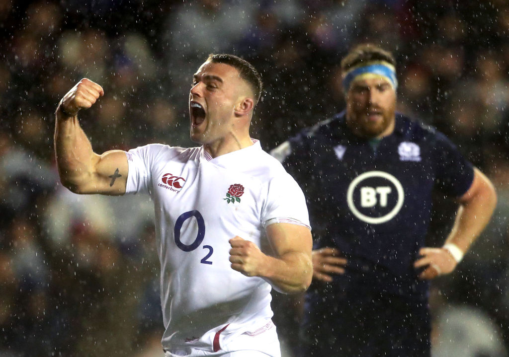 EDINBURGH, SCOTLAND - FEBRUARY 08: Ben Earl of England celebrates his team's first try during the 2020 Guinness Six Nations match between Scotland and England at Murrayfield on February 08, 2020 in Edinburgh, Scotland. (Photo by David Rogers - RFU/The RFU Collection via Getty Images)