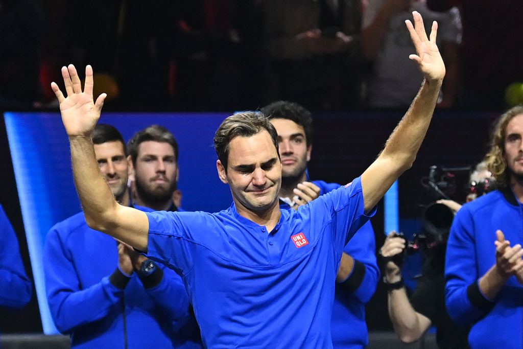 TOPSHOT - Switzerland's Roger Federer reacts after playing his final game a doubles with Spain's Rafael Nadal of Team Europe in the 2022 Laver Cup at the O2 Arena in London, early on September 24, 2022. - Roger Federer brings the curtain down on his spectacular career in a "super special" match alongside long-time rival Rafael Nadal at the Laver Cup in London on Friday. - RESTRICTED TO EDITORIAL USE (Photo by Glyn KIRK / AFP) / RESTRICTED TO EDITORIAL USE (Photo by GLYN KIRK/AFP via Getty Images)