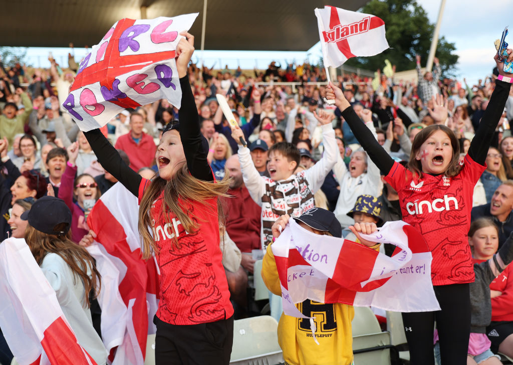 BIRMINGHAM, ENGLAND - JULY 01: Fans react in the crowd during the Women's Ashes 1st Vitality IT20 match between England and Australia at Edgbaston on July 01, 2023 in Birmingham, England. (Photo by Cameron Smith - ECB/ECB via Getty Images)