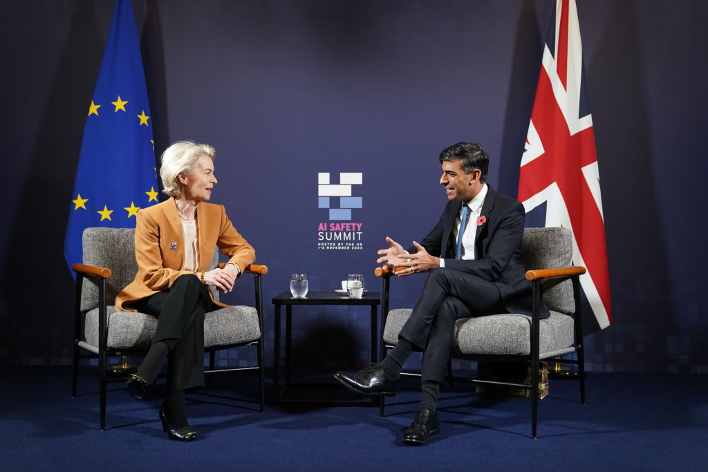 BLETCHLEY, ENGLAND - NOVEMBER 2: Prime Minister Rishi Sunak (right) meets with President of the European Commission Ursula von der Leyen during the AI safety summit, the first global summit on the safe use of artificial intelligence, at Bletchley Park on November 2, 2023 in Bletchley, England. (Photo by Joe Giddens - WPA Pool/Getty Images)