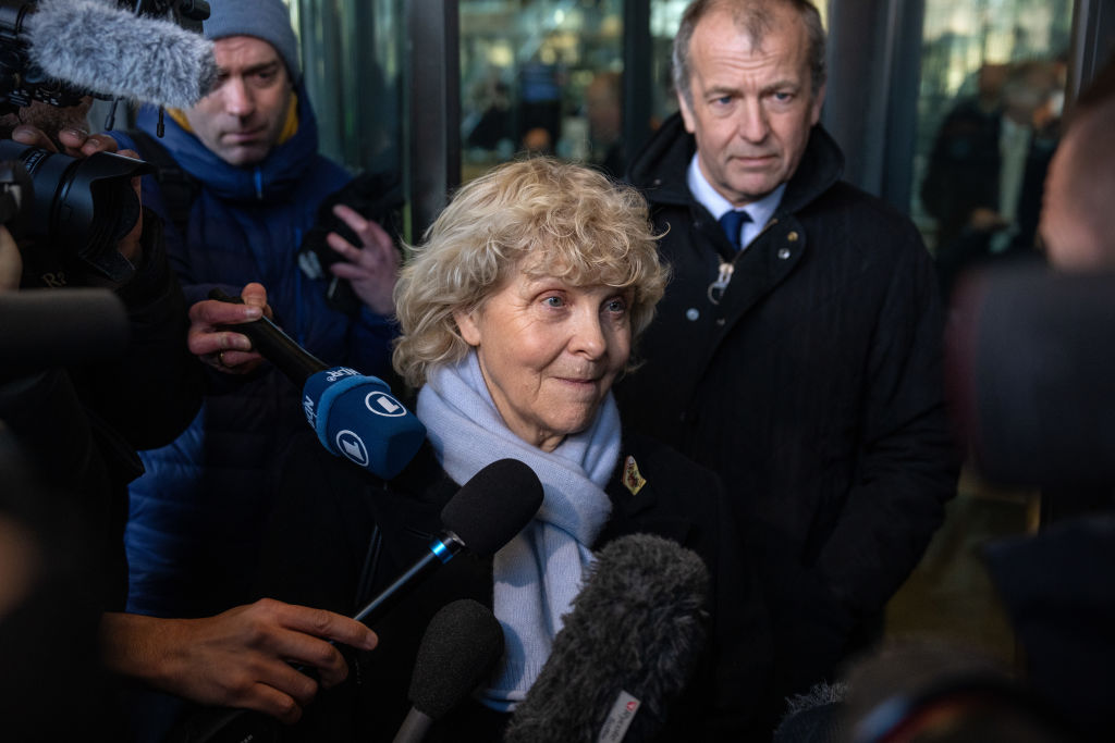 LONDON, ENGLAND - JANUARY 16: Jo Hamilton, a former Post Office sub-postmistress, speaks to the media as she leaves after attending a Business and Trade Committee concerning the Post Office Horizon IT scandal at Portcullis House on January 16, 2024 in London, England. (Photo by Carl Court/Getty Images)
