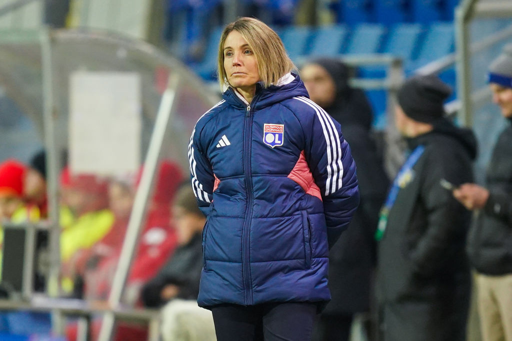 ST. POELTEN, AUSTRIA - JANUARY 25: Sonia Bompastor, Head Coach of Olympique Lyonnais, looks on during the UEFA Women's Champions League group stage match between SKN St. Pölten Frauen and Olympique Lyonnais at NÖ Arena on January 25, 2024 in St. Poelten, Austria. (Photo by Christian Hofer - UEFA/UEFA via Getty Images)