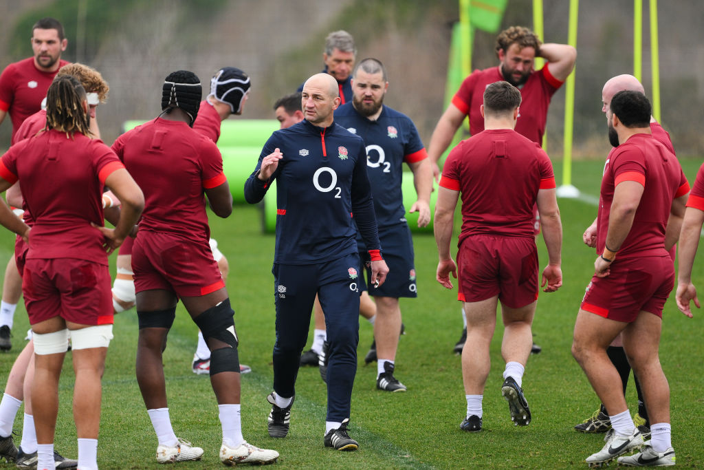 GIRONA, SPAIN - JANUARY 29: Steve Borthwick, Head coach of England, directs his players during a training session at Camiral Golf & Wellness on January 29, 2024 in Girona, Spain. (Photo by David Ramos - RFU/The RFU Collection via Getty Images )