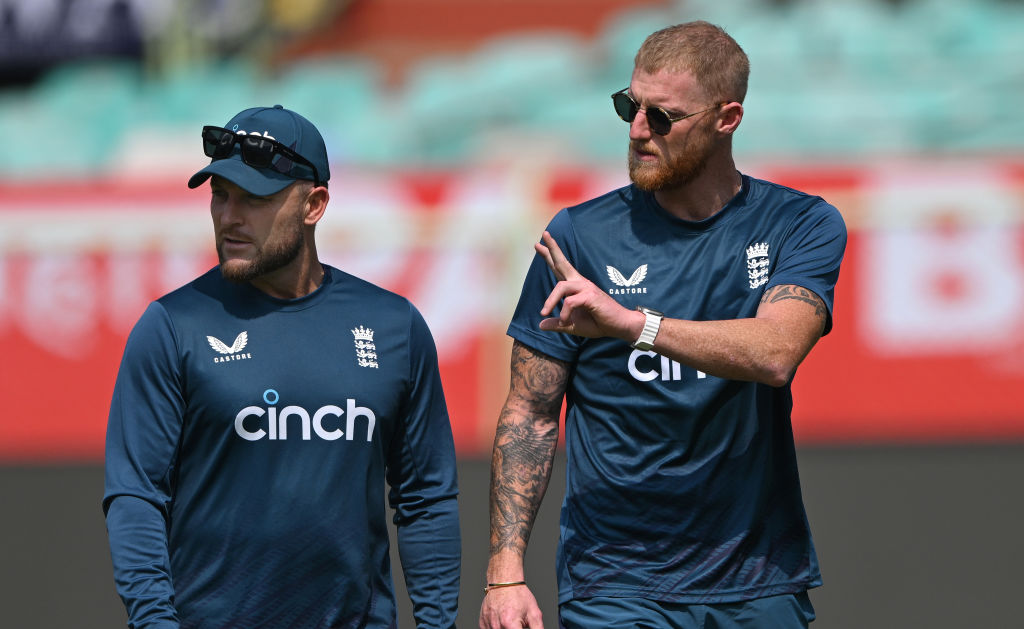 VISAKHAPATNAM, INDIA - FEBRUARY 01: England captain Ben Stokes chats with head coach Brendon McCullum after a look at the pitch during England practice ahead of the second test match at ACA-VDCA Stadium on February 01, 2024 in Visakhapatnam, India. (Photo by Stu Forster/Getty Images)