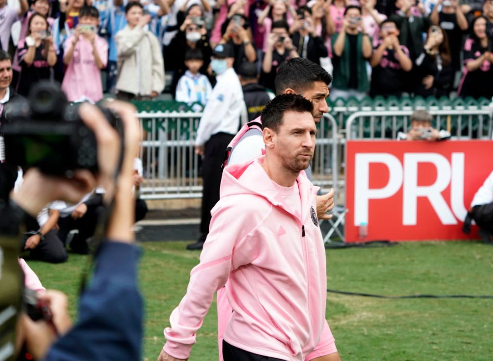 HONG KONG, CHINA - FEBRUARY 04: Lionel Messi and Luis Suarez of Inter Miami CF walk on the field prior to the friendly match between Hong Kong Team and Inter Miami CF at Hong Kong Stadium on February 4, 2024 in Hong Kong, China. (Photo by Hou Yu/China News Service/VCG via Getty Images)