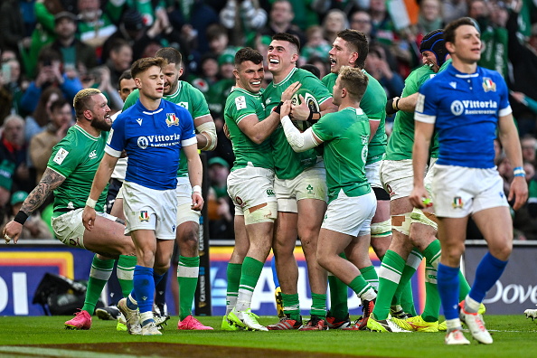 Dublin , Ireland - 11 February 2024; Dan Sheehan of Ireland, centre, celebrates with team-mates from left, Andrew Porter, Calvin Nash, Craig Casey and Joe McCarthy after scoring their side's fourth try during the Guinness Six Nations Rugby Championship match between Ireland and Italy at the Aviva Stadium in Dublin. (Photo By Brendan Moran/Sportsfile via Getty Images)