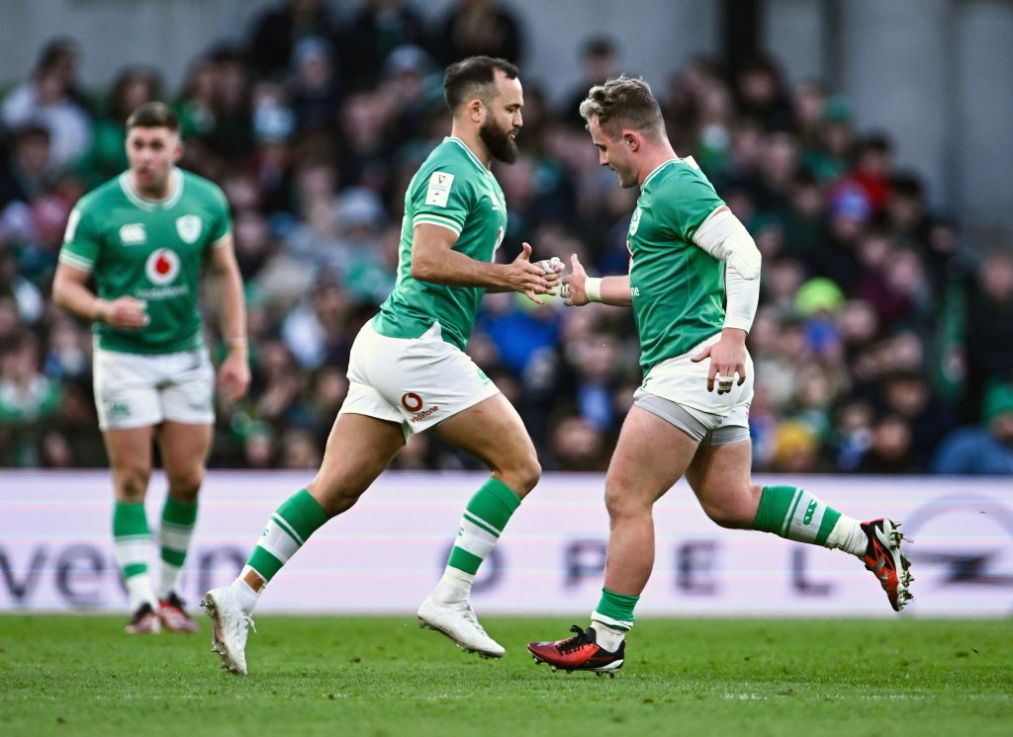Dublin , Ireland - 11 February 2024; Craig Casey of Ireland is substituted for Jamison Gibson-Park, left, during the Guinness Six Nations Rugby Championship match between Ireland and Italy at the Aviva Stadium in Dublin. (Photo By Piaras Ó Mídheach/Sportsfile via Getty Images)
