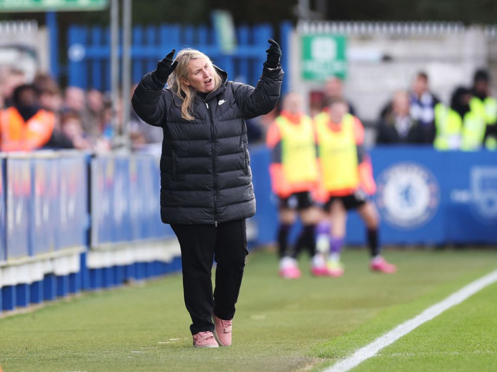 KINGSTON UPON THAMES, ENGLAND - FEBRUARY 11: Emma Hayes, Manager of Chelsea, reacts during the Adobe Women's FA Cup Fifth Round match between Chelsea and Crystal Palace at Kingsmeadow on February 11, 2024 in Kingston upon Thames, England. (Photo by Warren Little/Getty Images)