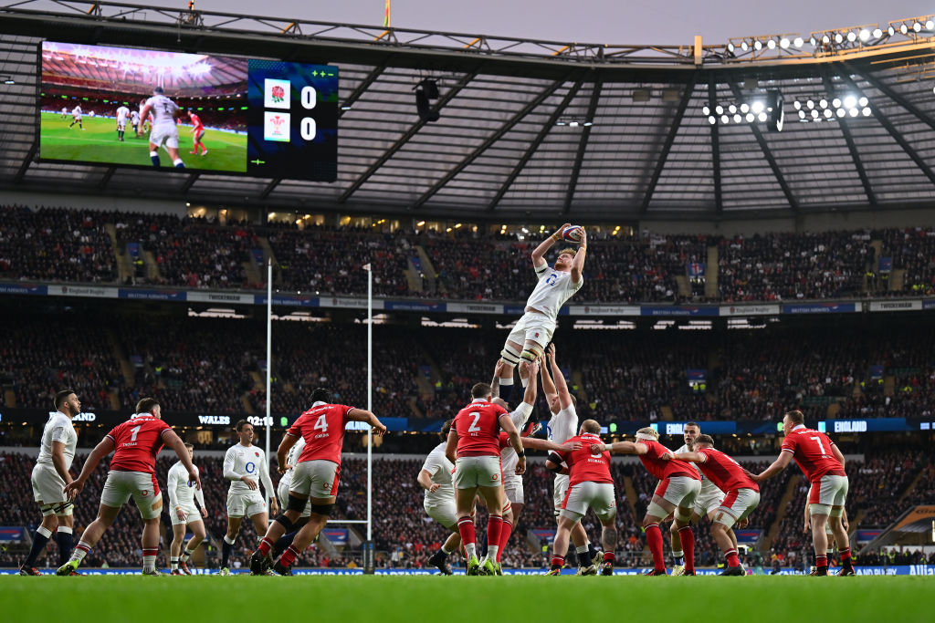 LONDON, ENGLAND - FEBRUARY 10: Ollie Chessum of England rises to claim the lineout during the Guinness Six Nations 2024 match between England and Wales at Twickenham Stadium on February 10, 2024 in London, England. (Photo by Dan Mullan - RFU/The RFU Collection via Getty Images)