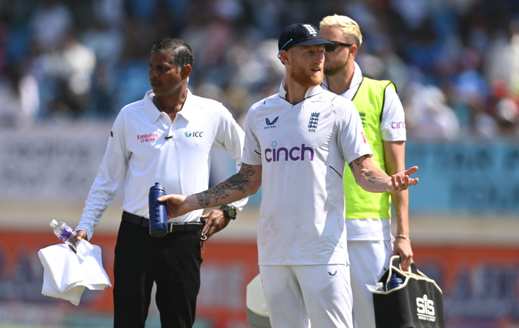 RAJKOT, INDIA - FEBRUARY 18: England captain Ben Stokes reacts as confusion occurs over the India declaration during day four of the 3rd Test Match between India  and England at Saurashtra Cricket Association Stadium on February 18, 2024 in Rajkot, India. (Photo by Gareth Copley/Getty Images)