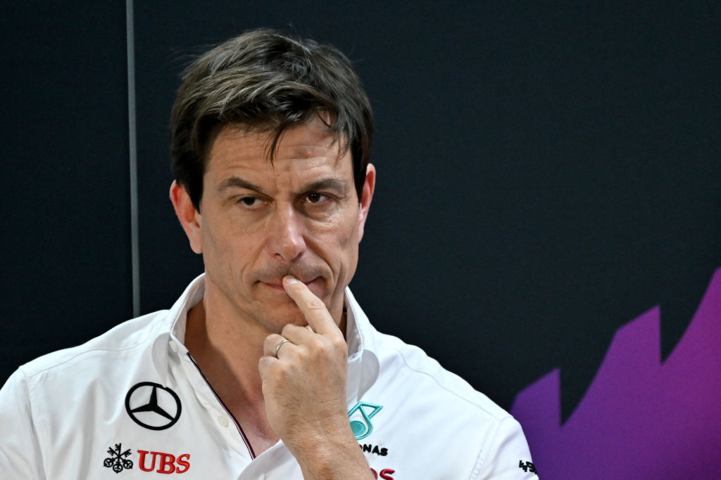 Mercedes AMG Petronas F1 Team's team principal Toto Wolff attends a press conference during the first day of the Formula One pre-season testing at the Bahrain International Circuit in Sakhir on February 21, 2024. (Photo by Andrej ISAKOVIC / AFP) (Photo by ANDREJ ISAKOVIC/AFP via Getty Images)