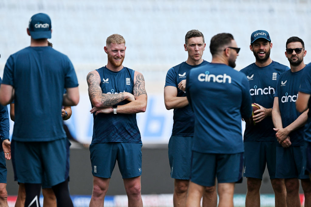 England's captain Ben Stokes (2L) attends a practice session with teammates at the Jharkhand State Cricket Association (JSCA) Stadium in Ranchi on February 22, 2024, on the eve of the fourth Test cricket match between India and England. (Photo by TAUSEEF MUSTAFA / AFP) / -- IMAGE RESTRICTED TO EDITORIAL USE - STRICTLY NO COMMERCIAL USE -- (Photo by TAUSEEF MUSTAFA/AFP via Getty Images)
