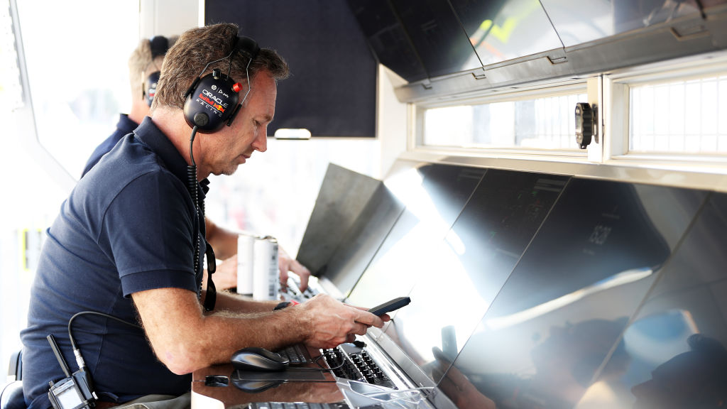 BAHRAIN, BAHRAIN - FEBRUARY 23: Oracle Red Bull Racing Team Principal Christian Horner looks on from the pitwall during day three of F1 Testing at Bahrain International Circuit on February 23, 2024 in Bahrain, Bahrain. (Photo by Peter Fox - Formula 1/Formula 1 via Getty Images)