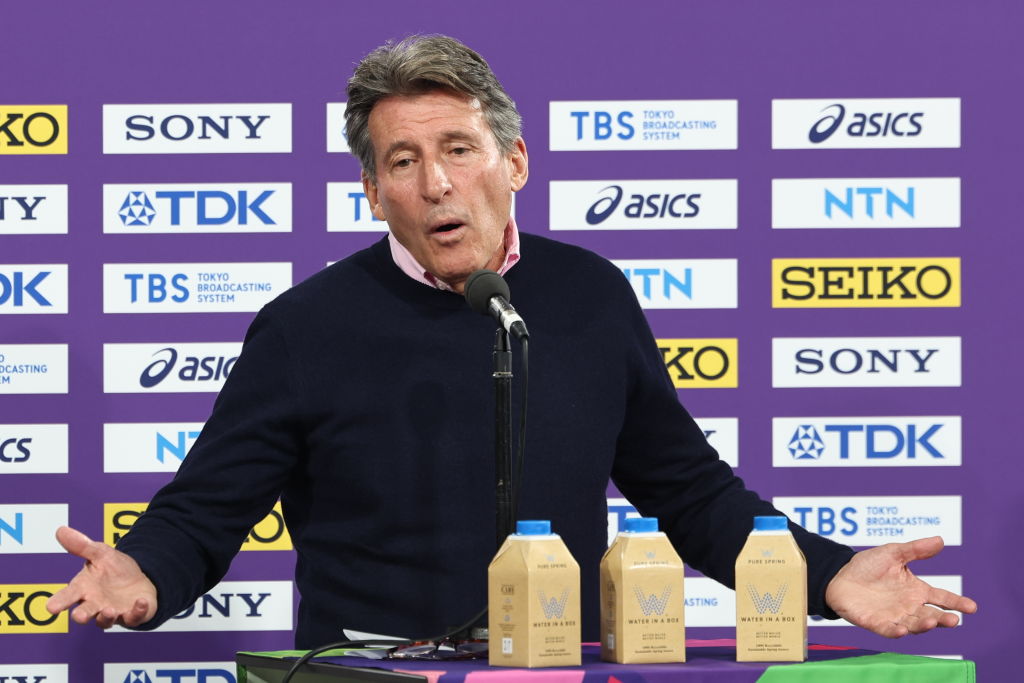 GLASGOW, SCOTLAND - FEBRUARY 29: President of the International Association of Athletics Federations Sebastian Coe during a World Indoor Championships media conference at the Emirates Arena, on February 29, 2024, in Glasgow, Scotland.  (Photo by Ross MacDonald/SNS Group via Getty Images)