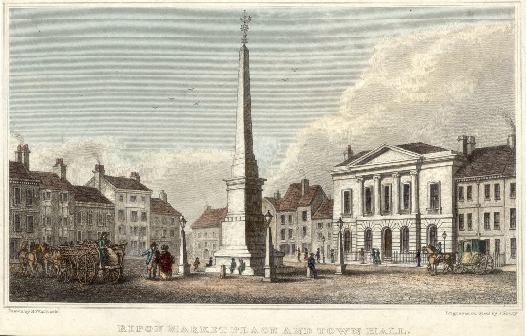 Circa 1800: The town hall (pre-corporate appropriation) and marketplace at Ripon in North Yorkshire. Original Artwork: Engraved by J Shury after a drawing by N Whittock.  (Photo by Hulton Archive/Getty Images)