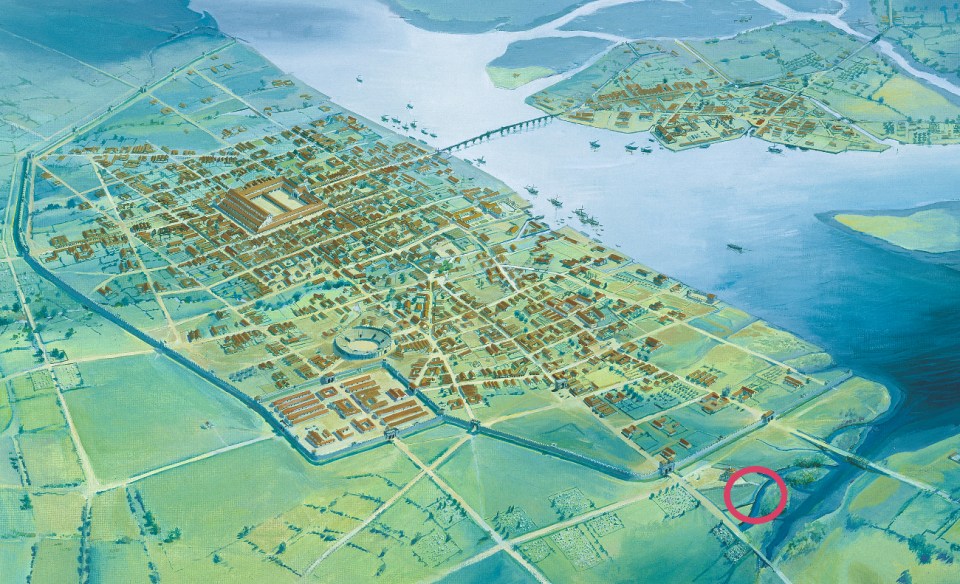 Reconstruction of Roman London by Peter Froste with the location of the site circled ╕MOLA