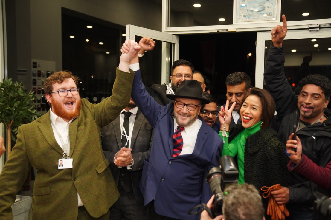 George Galloway holds a rally at his Rochdale Headquarters after being declared winner of the by-election. Photo: PA