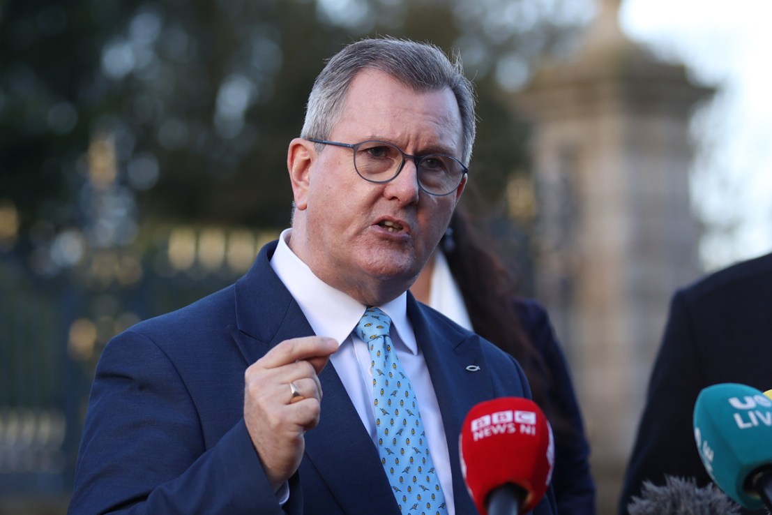 Sir Jeffrey Donaldson is stepping down as leader of the Democratic Unionist Party “with immediate effect” after the DUP said he had been charged with allegations of a historical nature. Photo: PA