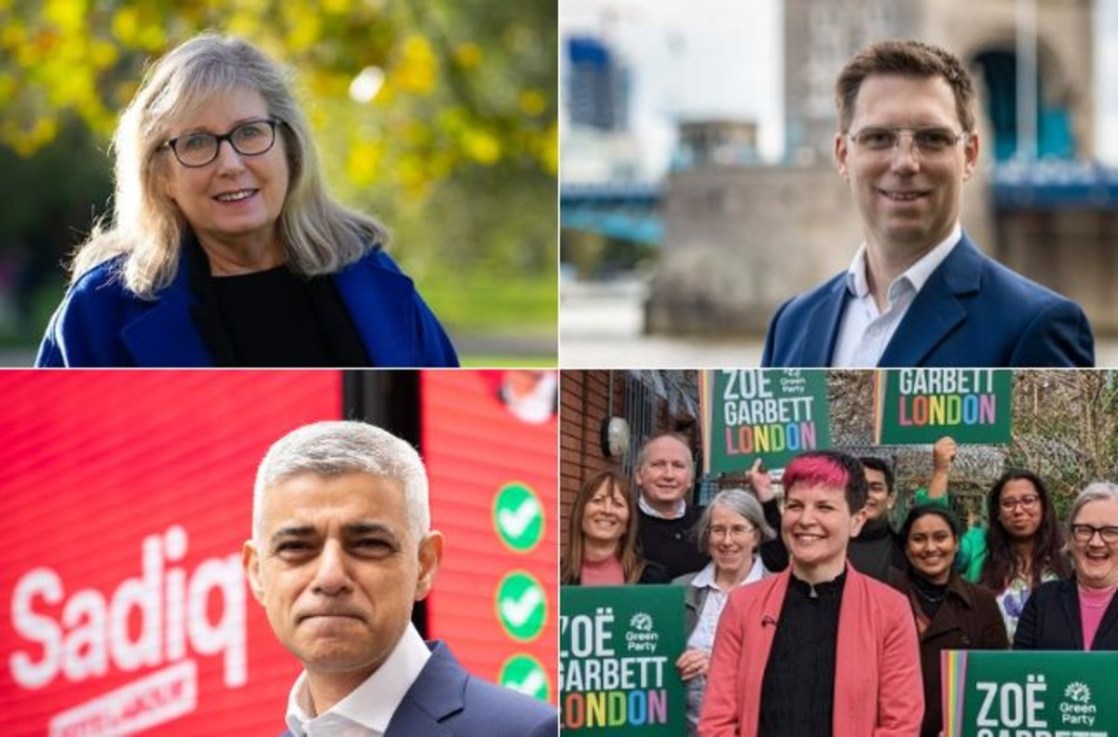Clockwise from top left: Susan Hall, Rob Blackie, Zoe Garbett, Sadiq Khan. Photos: Conservatives/Lib Dems/Greens/PA Media
