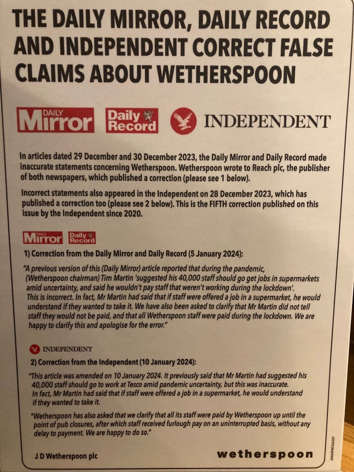 Notice put up in Spoons' more than 800 pubs, noting corrections made by a number of publications.