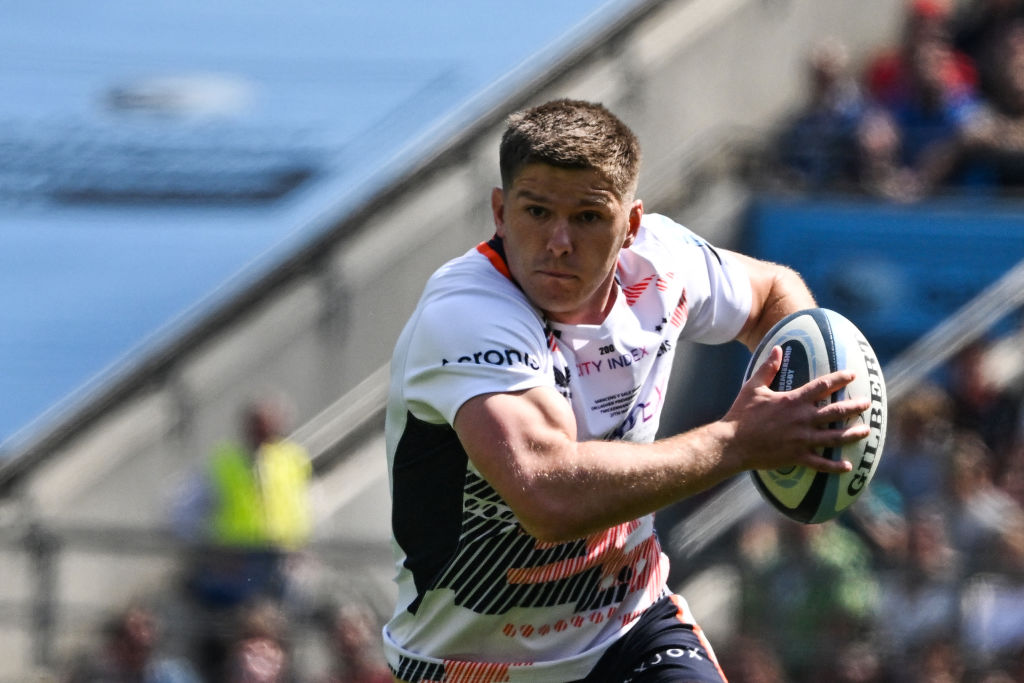 Saracens' English fly-half Owen Farrell runs with the ball during the Premiership Final rugby union match between Saracens and Sale Sharks at Twickenham Stadium, south-west London, on May 27, 2023. Saracens return to Twickenham for a ninth appearance in the Premiership final, after topping the regular season table ahead of second-placed Sale. (Photo by Ben Stansall / AFP) (Photo by BEN STANSALL/AFP via Getty Images)