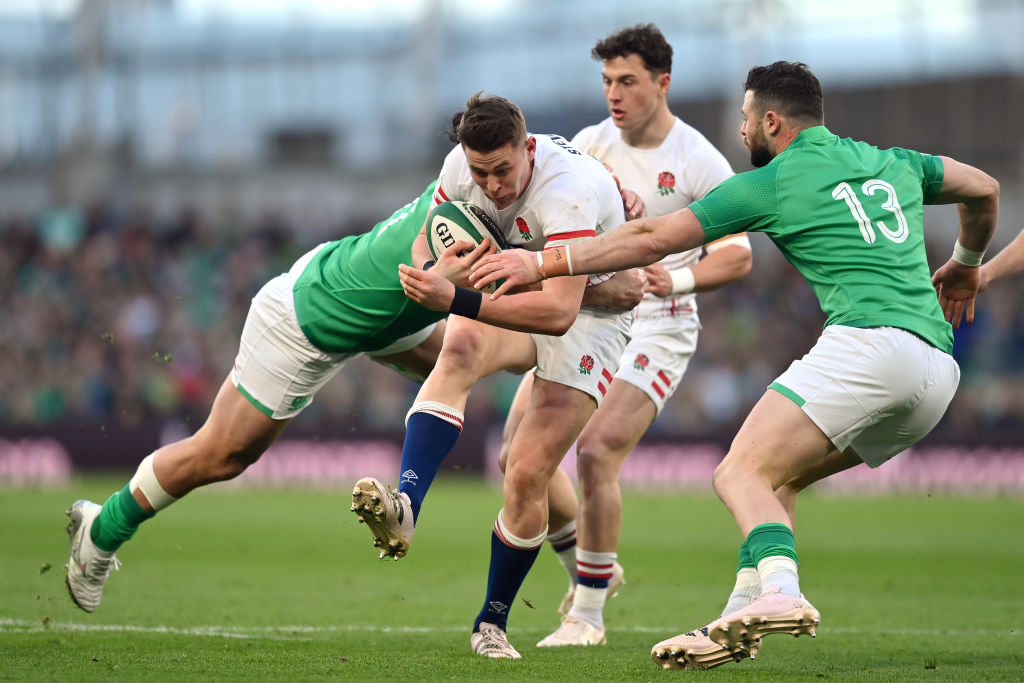 DUBLIN, IRELAND - MARCH 18: Freddie Steward of England takes on James Lowe of Ireland during the Six Nations Rugby match between Ireland and England at Aviva Stadium on March 18, 2023 in Dublin, Ireland. (Photo by Dan Mullan - RFU/The RFU Collection via Getty Images)