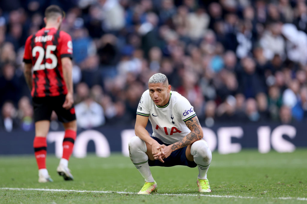 LONDON, ENGLAND - APRIL 15: Richarlison of Tottenham Hotspur reacts during the Premier League match between Tottenham Hotspur and AFC Bournemouth at Tottenham Hotspur Stadium on April 15, 2023 in London, England. (Photo by Alex Pantling/Getty Images)