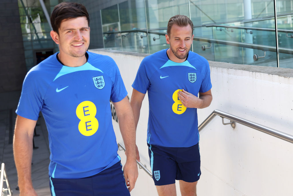 BURTON-UPON-TRENT, ENGLAND - JUNE 15: Harry Maguire and Harry Kane of England walk to a training session at St Georges Park on June 15, 2023 in Burton-upon-Trent, England. (Photo by Eddie Keogh - The FA/The FA via Getty Images)