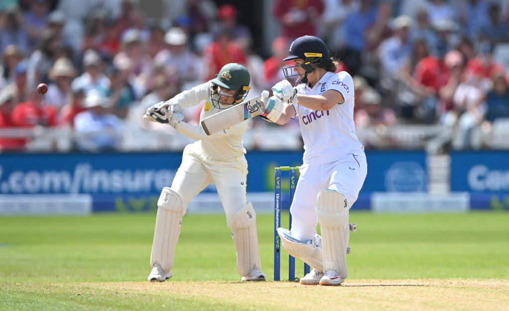 NOTTINGHAM, ENGLAND - JUNE 24:  Australia wicketkeeper Alyssa Healy looks on as England batter  Natalie Sciver-Brunt hits out during day three of the LV= Insurance Women's Ashes Test match between England and Australia at Trent Bridge on June 24, 2023 in Nottingham, England. (Photo by Stu Forster/Getty Images)