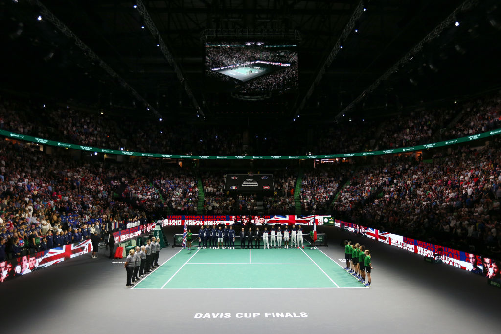 MANCHESTER, ENGLAND - SEPTEMBER 17: General view as players of Great Britain and France line up for the Opening Ceremony during the Davis Cup Finals Group Stage at AO Arena on September 17, 2023 in Manchester, England. (Photo by Matt McNulty/Getty Images for ITF)