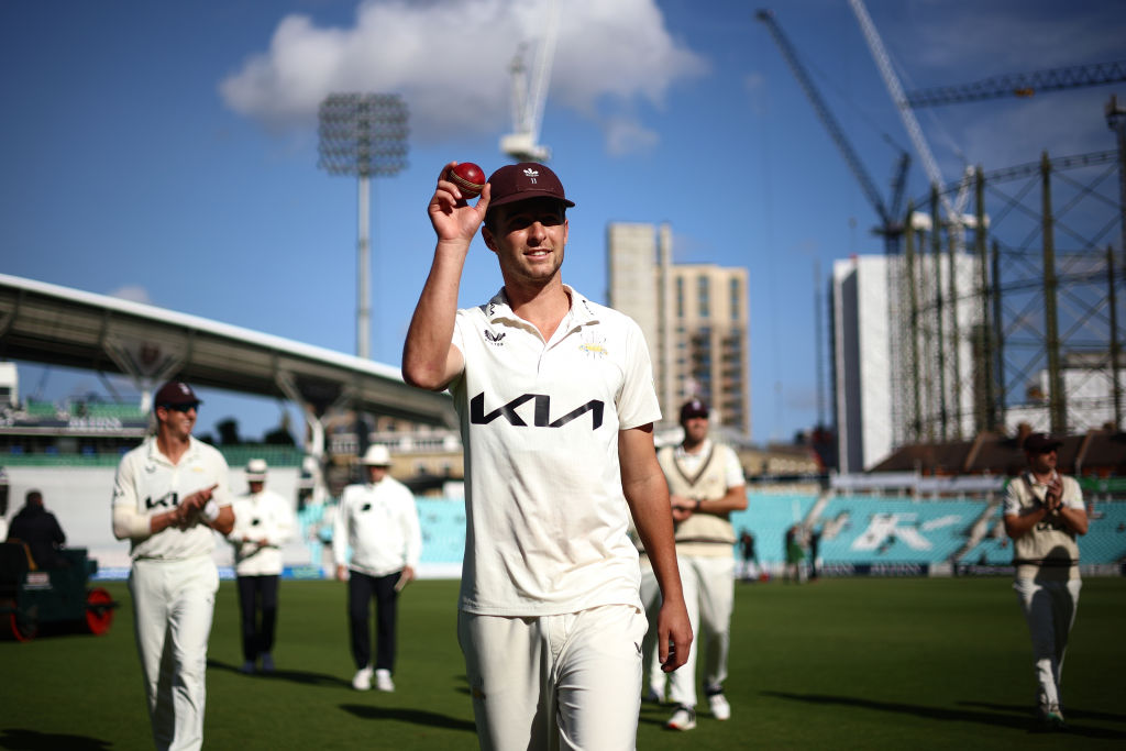 LONDON, ENGLAND - SEPTEMBER 21: Tom Lawes of Surrey acknowledges the crowd after taking a fifer during day three of the LV= Insurance County Championship Division 1 match between Surrey and Northamptonshire at The Kia Oval on September 21, 2023 in London, England. (Photo by Ben Hoskins/Getty Images for Surrey CCC)