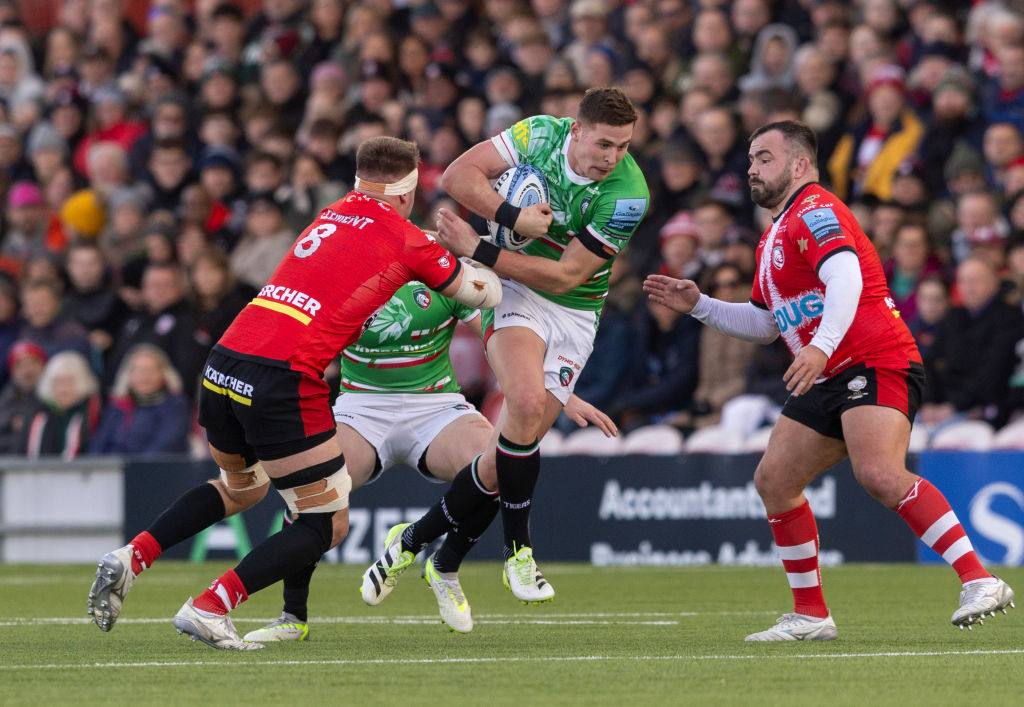 GLOUCESTER, ENGLAND - NOVEMBER 25: Leicester Tigers' Freddie Steward in action during the Gallagher Premiership Rugby match between Gloucester Rugby and Leicester Tigers at Kingsholm Stadium on November 25, 2023 in Gloucester, England. (Photo by Bob Bradford - CameraSport via Getty Images)
