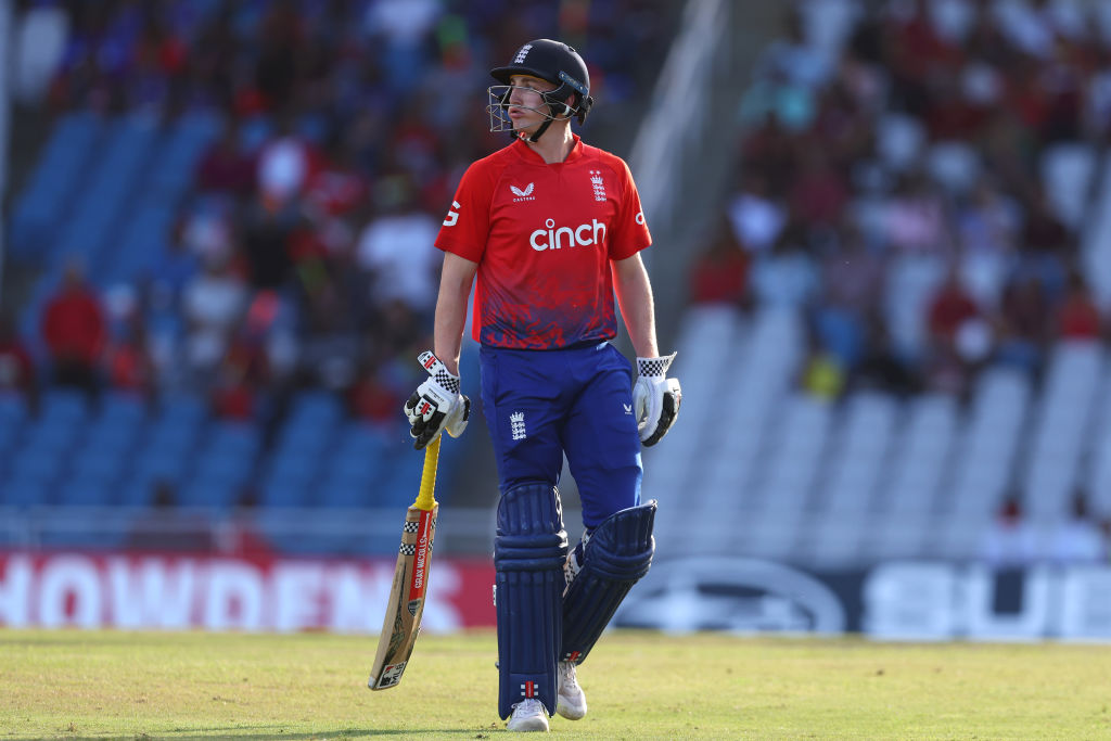 TAROUBA, TRINIDAD AND TOBAGO - DECEMBER 21: Harry Brook of England is dismissed by Gudakesh Motie of West Indies during the 5th T20 International between the West Indies and England at the Brian Lara Cricket Academy on December 21, 2023 in Tarouba, Trinidad And Tobago. (Photo by Ashley Allen/Getty Images)