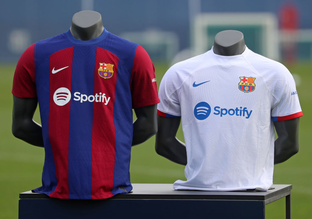FC Barcelona t-shirts are on display during the presentation of Vitor Roque as a new FC Barcelona player in Barcelona, Spain, on January 5, 2024. (Photo by Urbanandsport/NurPhoto via Getty Images)