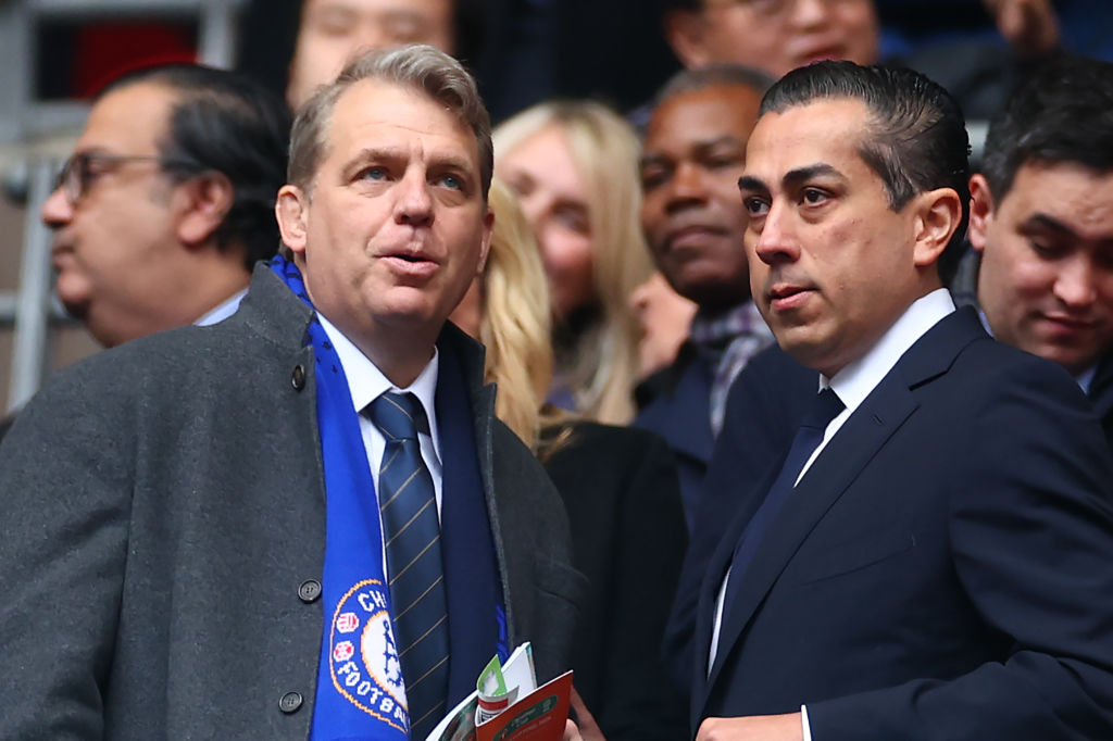 LONDON, ENGLAND - FEBRUARY 25:  Chelsea Owner Todd Boehly & Director Behdad Eghbali look on prior to the Carabao Cup Final match between Chelsea and Liverpool at Wembley Stadium on February 25, 2024 in London, England. (Photo by Chris Brunskill/Fantasista/Getty Images)