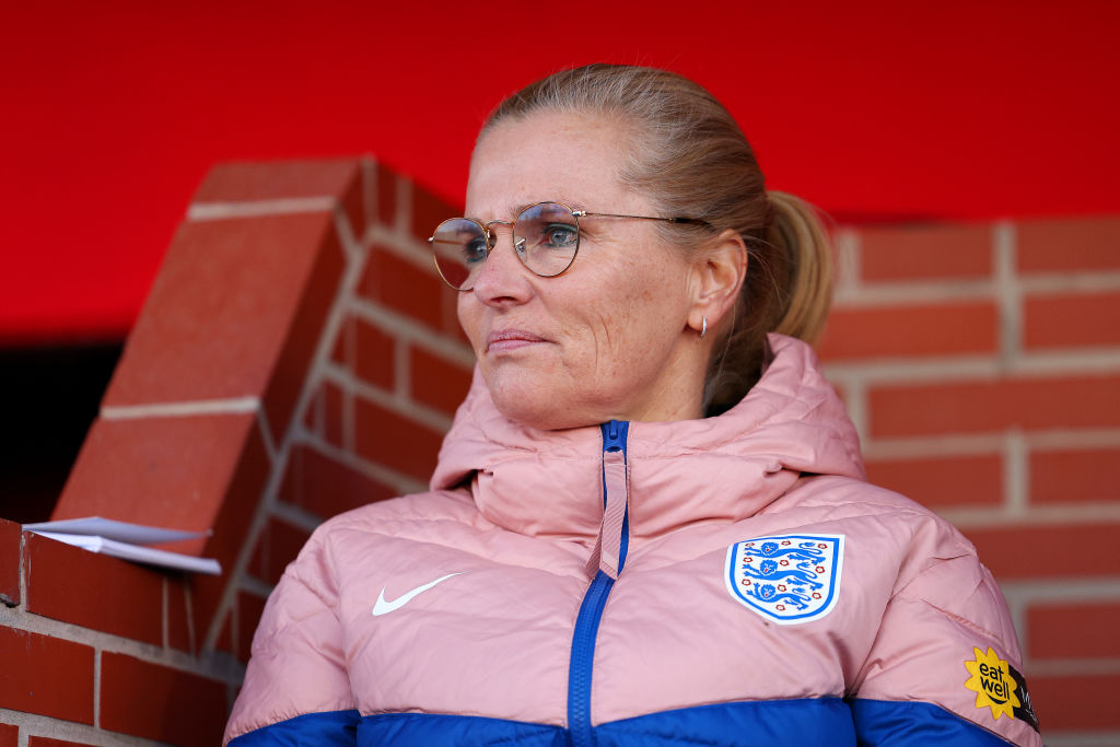 ALGECIRAS, SPAIN - FEBRUARY 27: Sarina Wiegman, Manager of England, looks on prior to the Women's international friendly match between England and Italy at Estadio Nuevo Mirador Algeciras, Spain on February 27, 2024 in Algeciras, Spain. (Photo by Fran Santiago - The FA/The FA via Getty Images)