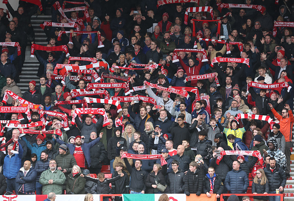 NOTTINGHAM, ENGLAND - MARCH 2:  Nottingham Forestfans prior to kick-off during the Premier League match between Nottingham Forest and Liverpool FC at City Ground on March 2, 2024 in Nottingham, England. (Photo by Stephen White - CameraSport via Getty Images)