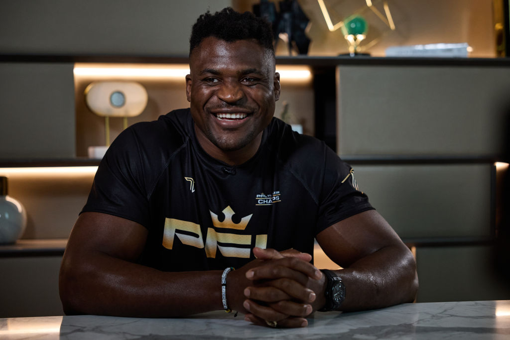 RIYADH, SAUDI ARABIA - MARCH 3: Francis N'Gannou during a Media Day event ahead of his fight on Friday night on March 3, 2024 in Riyadh, Saudi Arabia. (Photo by Mark Robinson/Matchroom Boxing via Getty Images)