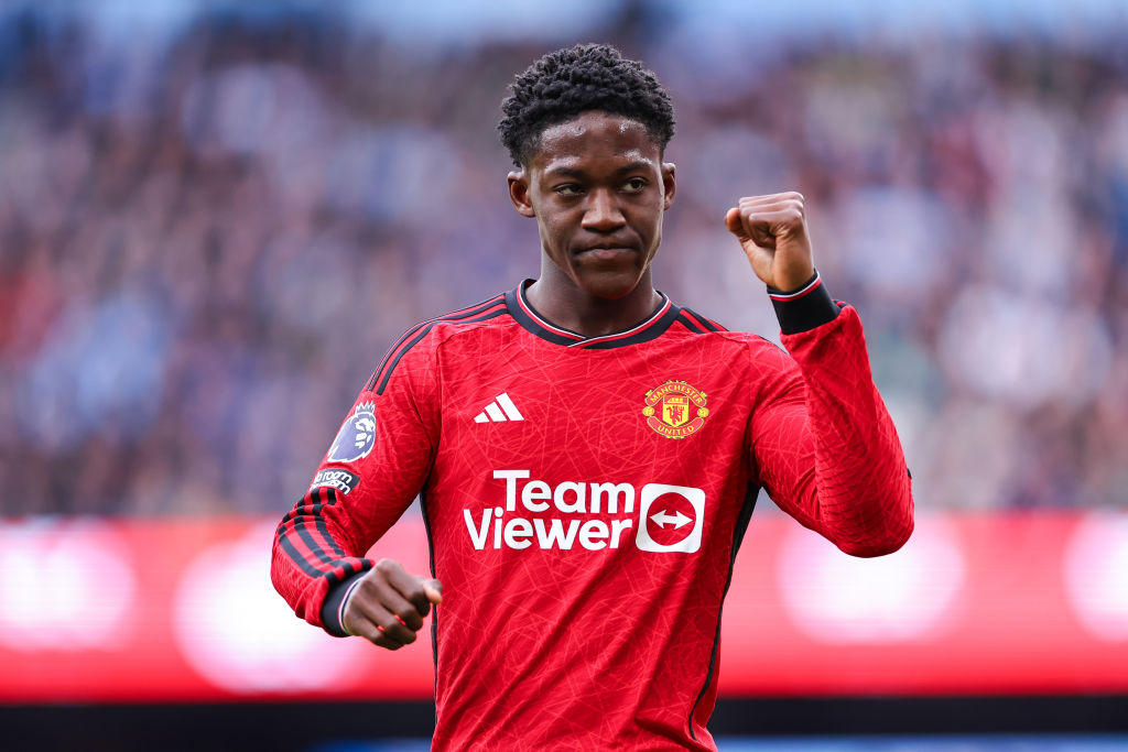 MANCHESTER, ENGLAND - MARCH 3: Kobbie Mainoo of Manchester United during the Premier League match between Manchester City and Manchester United at Etihad Stadium on March 3, 2024 in Manchester, England. (Photo by Robbie Jay Barratt - AMA/Getty Images)