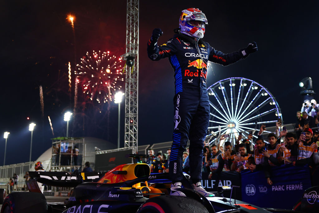 BAHRAIN, BAHRAIN - MARCH 02: Race winner Max Verstappen of the Netherlands and Oracle Red Bull Racing celebrates in parc ferme during the F1 Grand Prix of Bahrain at Bahrain International Circuit on March 02, 2024 in Bahrain, Bahrain. (Photo by Bryn Lennon - Formula 1/Formula 1 via Getty Images)