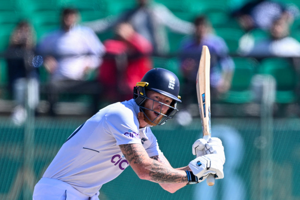England's captain Ben Stokes plays a shot during the third day of the fifth and last Test cricket match between India and England at the Himachal Pradesh Cricket Association Stadium in Dharamsala on March 9, 2024. (Photo by Sajjad HUSSAIN / AFP) / -- IMAGE RESTRICTED TO EDITORIAL USE - STRICTLY NO COMMERCIAL USE -- (Photo by SAJJAD HUSSAIN/AFP via Getty Images)
