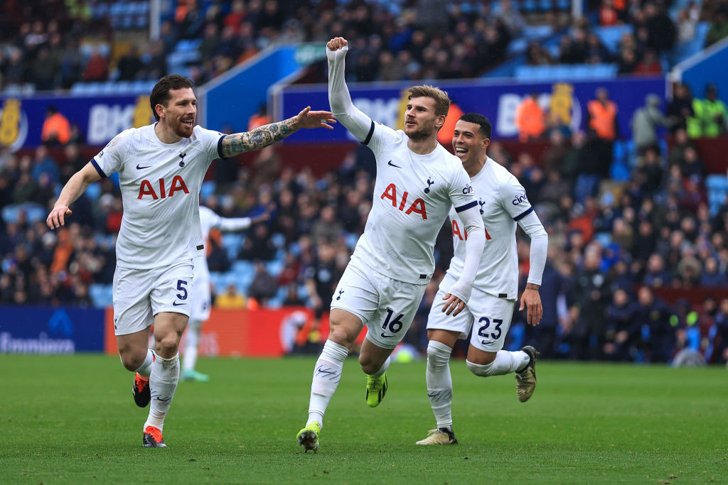 BIRMINGHAM, ENGLAND - MARCH 10: Timo Werner of Tottenham Hotspur celebrates scoring their 4th goal with Pierre-Emile Hojbjerg and Pedro Porro during the Premier League match between Aston Villa and Tottenham Hotspur at Villa Park on March 10, 2024 in Birmingham, England.(Photo by Simon Stacpoole/Offside/Offside via Getty Images)