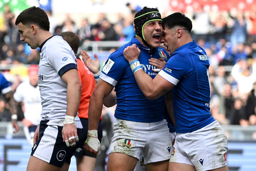 STADIO OLIMPICO , ROME, ITALY - 2024/03/09: Juan Ignacio Brex of Italy celebrates with Tommaso Menoncello after scoring a try during the Six Nations rugby match between Italy and Scotland. Italy won 31-29 over Scotland. (Photo by Antonietta Baldassarre/Insidefoto/LightRocket via Getty Images)