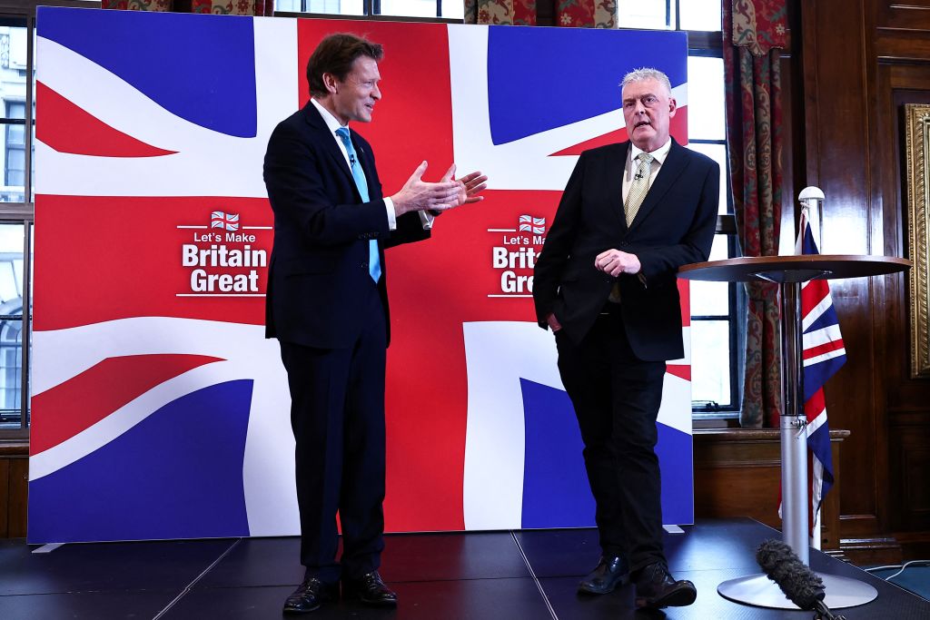 Lee Anderson and Leader of Reform UK party Richard Tice speak during a press conference to announce his defection from the Conservative party to Reform UK, in London, on March 11, 2024. (Photo by HENRY NICHOLLS / AFP) (Photo by HENRY NICHOLLS/AFP via Getty Images)