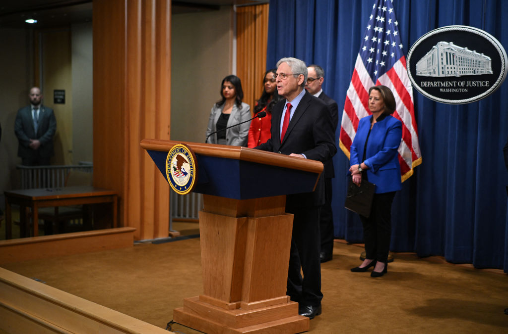 US Attorney General Merrick Garland announces an antitrust lawsuit against Apple, at the Justice Department in Washington, DC, on March 21, 2024.   (Photo by Mandel NGAN / AFP) (Photo by MANDEL NGAN/AFP via Getty Images)