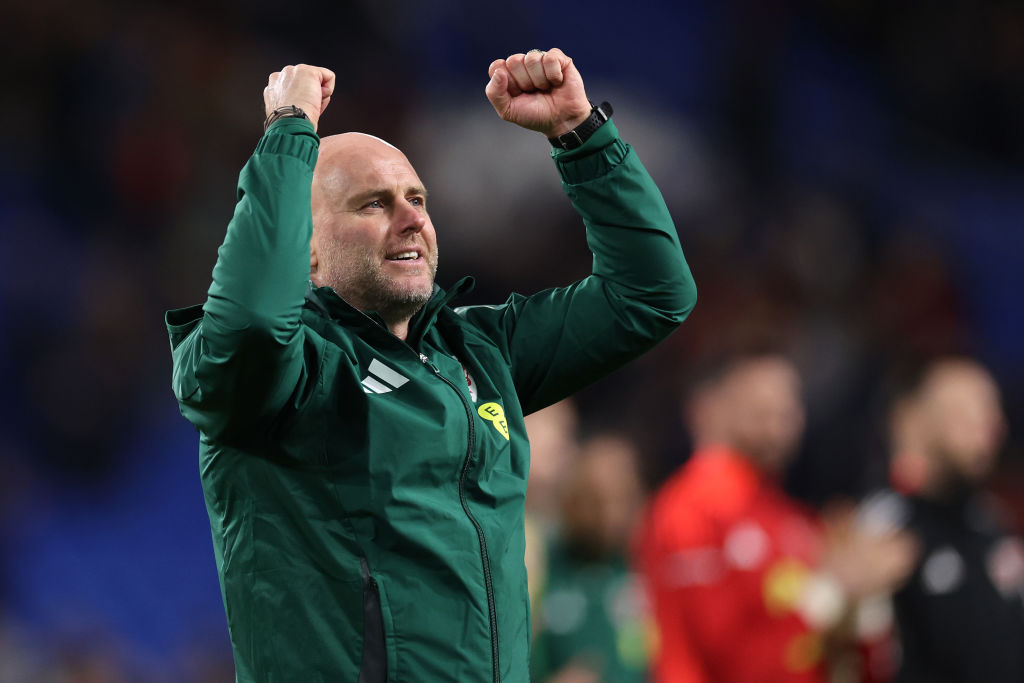 CARDIFF, WALES - MARCH 21: Wales Head Coach Rob Page applauds the fans at the final whistle during the UEFA EURO 2024 Play-Offs Semi-final match between Wales and Finland at Cardiff City Stadium on March 21, 2024 in Cardiff, Wales.  (Photo by Jan Kruger - UEFA/UEFA via Getty Images)