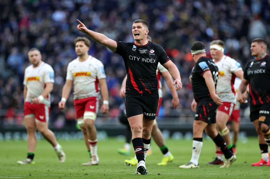 LONDON, ENGLAND - MARCH 23:   Owen Farrell of Saracens issues instructions during the Gallagher Premiership Rugby match between Saracens and Harlequins at Tottenham Hotspur Stadium on March 23, 2024 in London, England. (Photo by David Rogers/Getty Images)